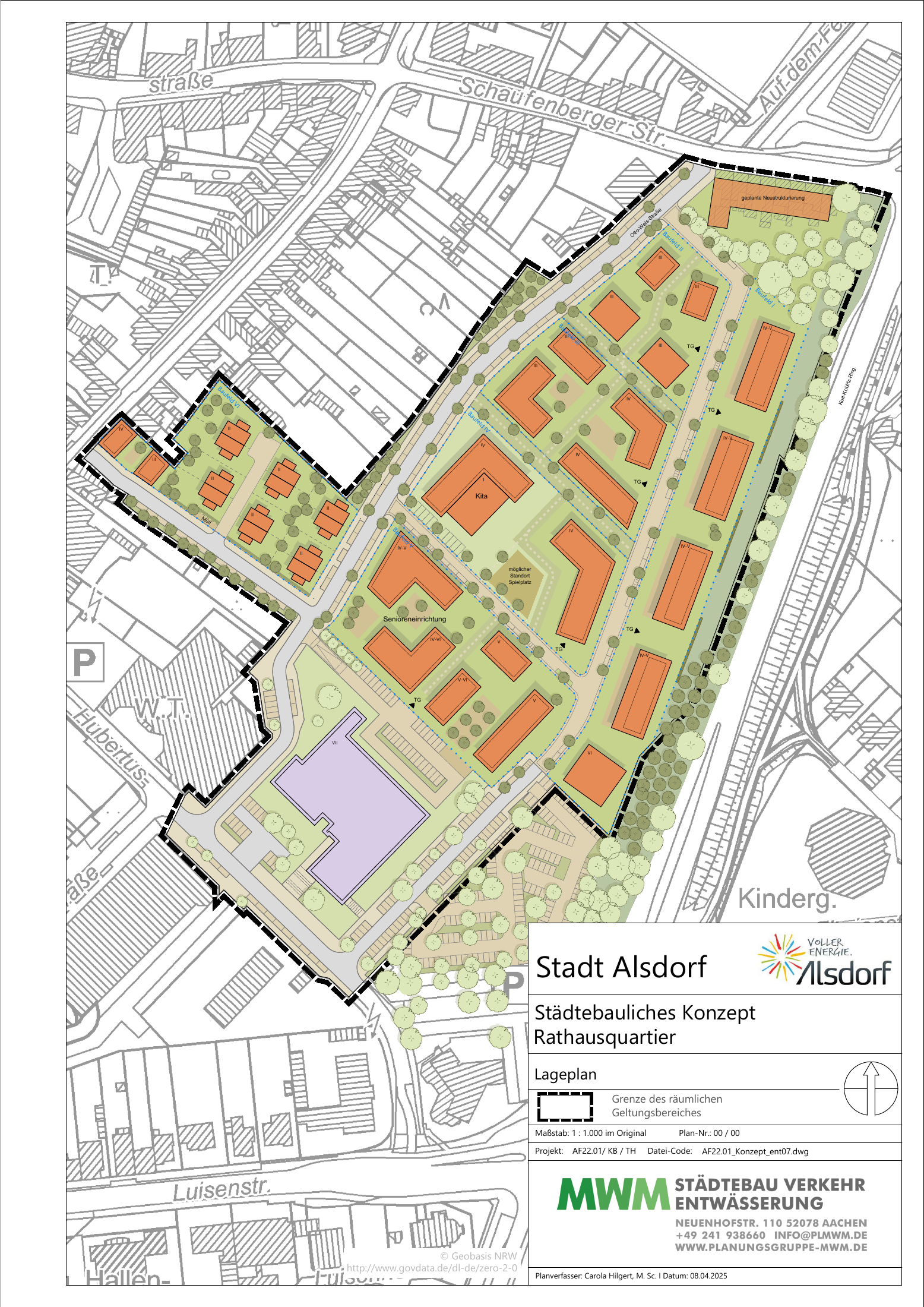 MWM urban design concept for Rathausquartier Alsdorf showing residential buildings, senior facilities, childcare and green spaces