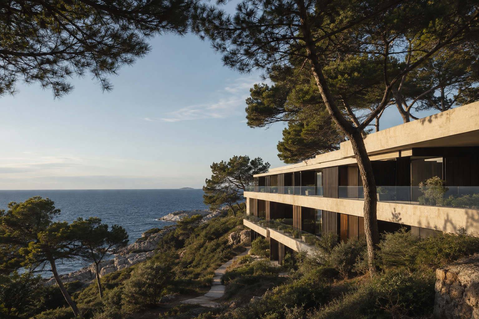 Conceptual coastal hospitality architecture set among pine trees overlooking the ocean